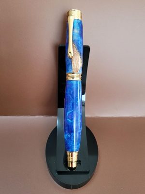 stylo roller artisanal unique résine bleu hybride doré