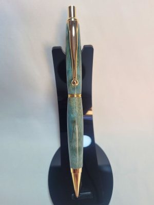 Porte‑mine en bois de bouleau bleu, placage doré, présenté verticalement sur support noir élégant