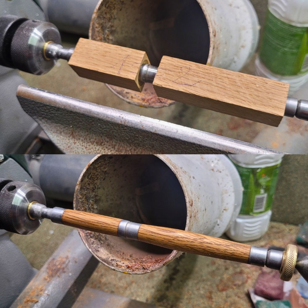 Carrelets de bois montés sur un mandrin de tour à bois avant et après mise en forme, illustration des différentes étapes du tournage d'un stylo artisanal, grain naturel du bois visible, fabrication manuelle réalisée dans l'atelier du Val des Anges en Moselle Étape de façonnage d'un stylo artisanal en bois sur tour à bois, carrelets percés et ajustés sur axe métallique, transformation progressive du bois brut en futur instrument d'écriture haut de gamme
