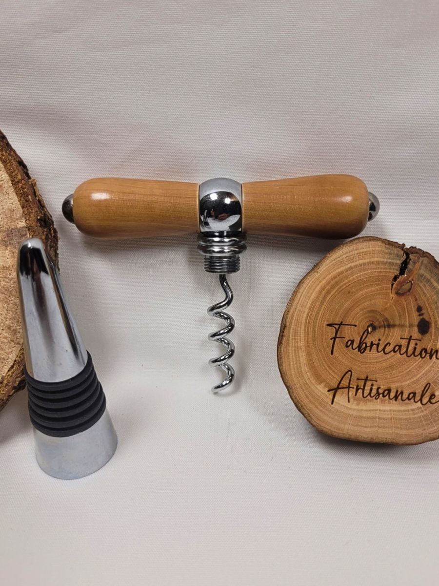 Tire-bouchon artisanal en bois d'alisier avec bouchon de bouteille amovible en acier inoxydable