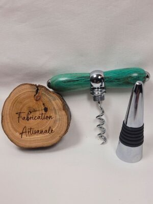 Tire-bouchon artisanal en hêtre échauffé stabilisé vert avec bouchon de conservation amovible